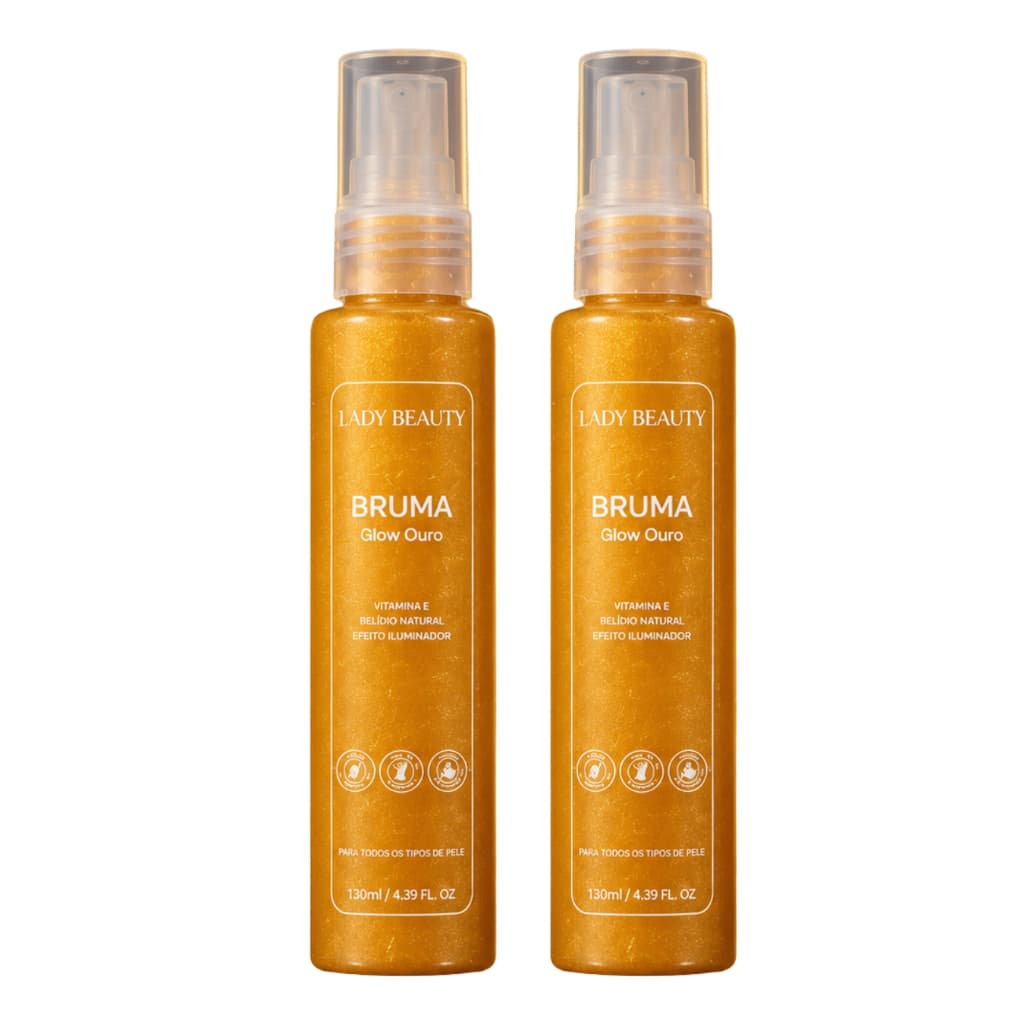 kit 2 Glow Ouro Lady Beauty-Fixador Maquiagem Iluminador Vitamina C Hidratante Pele Radiante 130ml