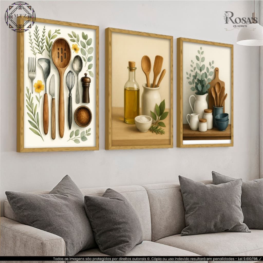 Kit 3 Quadros Decorativos Utensílios Cozinha Gourmet Moderno Sala Jantar Parede Exclusivo