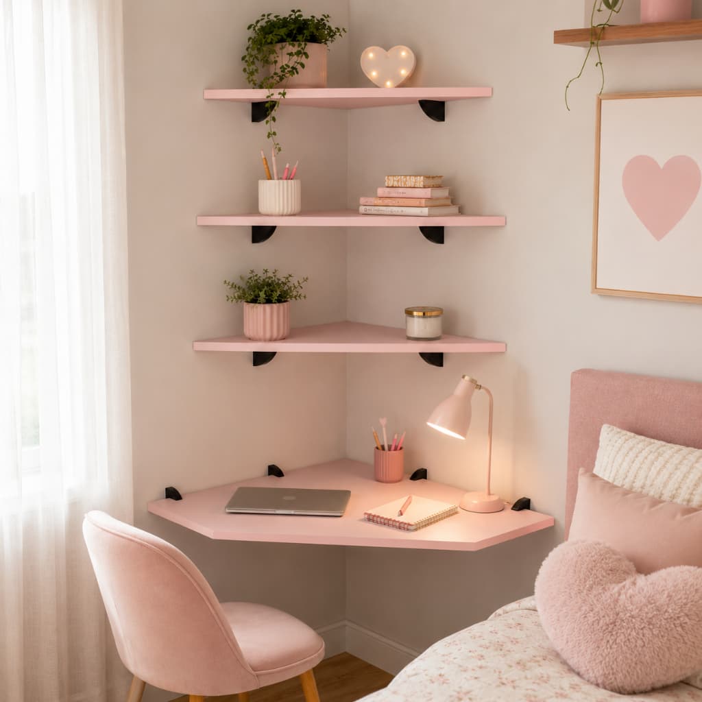 Kit Mesa de Estudo Suspensa com 3 prateleiras para quarto de menina em MDF 15mm