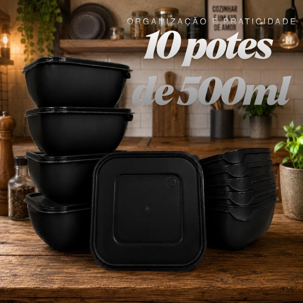 Kit 10 Potes Herméticos de Plástico com Tampa – Empilháveis e Resistentes para Alimentos