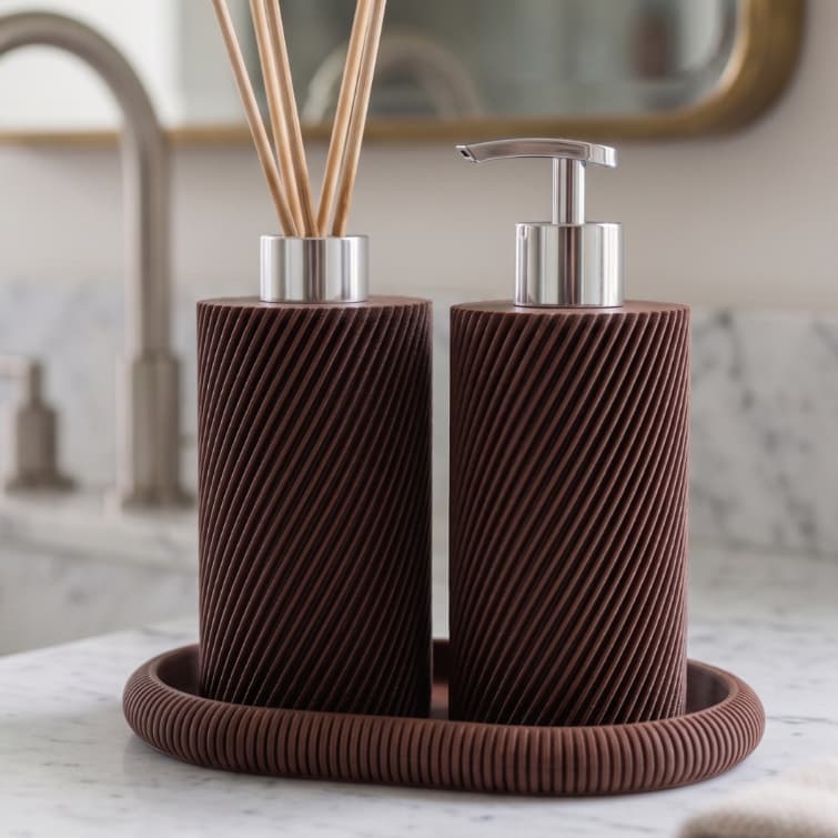 Kit Lavabo Premium 3D Porta Sabonete Líquido + Aromatizador com Bandeja Decorativa