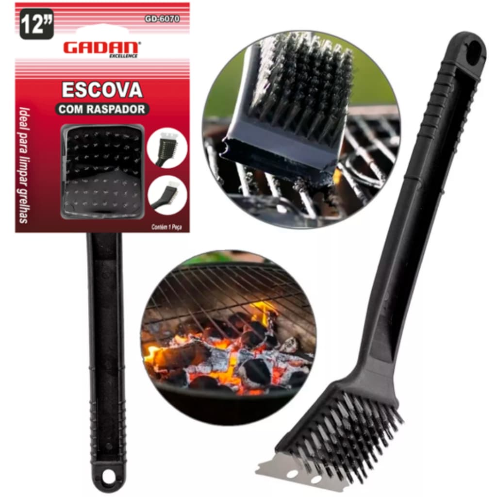 Escova com Raspador para Grelhas e Churrasqueira Aço Resistente Limpeza Pesada Durável