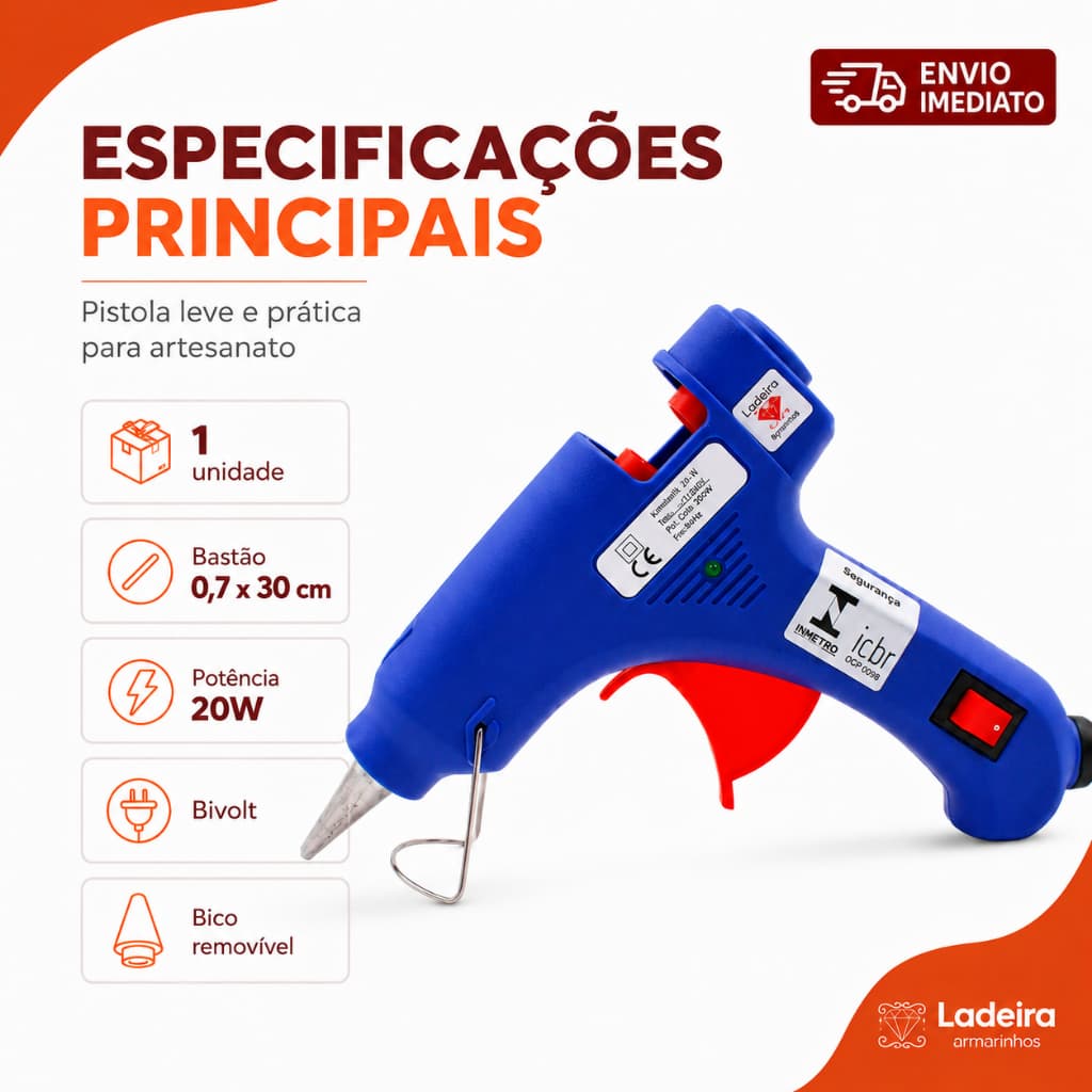 Pistola Cola Quente Bico Fino 20W Bivolt Com Botão Liga Desliga Para Bastão 7mm Artesanato