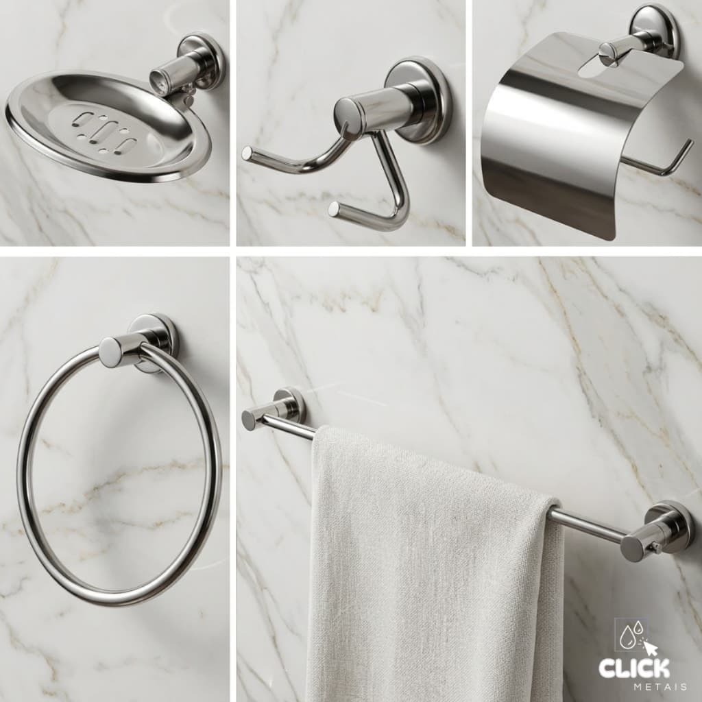 Kit Acessórios Banheiro 5 Peças Inox Alumínio Porta Toalha Suporte Papel