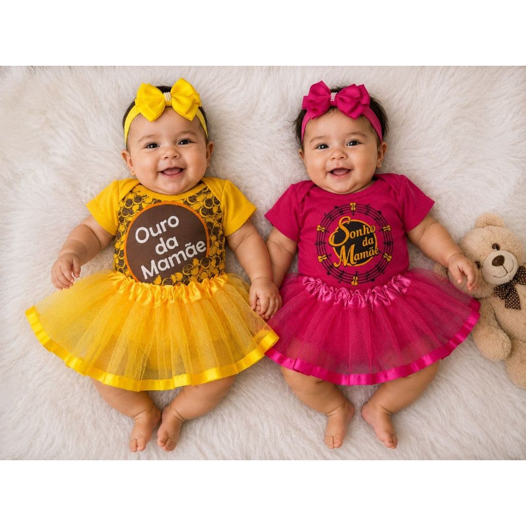 Kit Body Bebê Menina 6 Peças Sonho da Mamãe e Ouro da Mamãe com Saia de Tule e Laço – Conjunto Infantil Mesversário