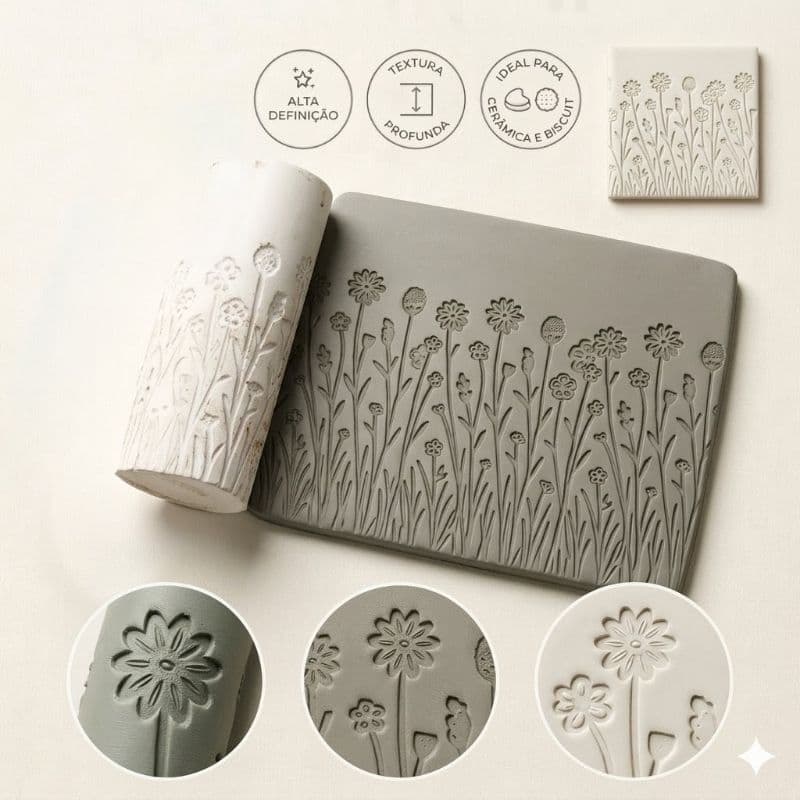 Rolo Textura Flores do Campo Para Argila Massa Polímer Clay Massinha artesanato Bricolagem Cerâmica