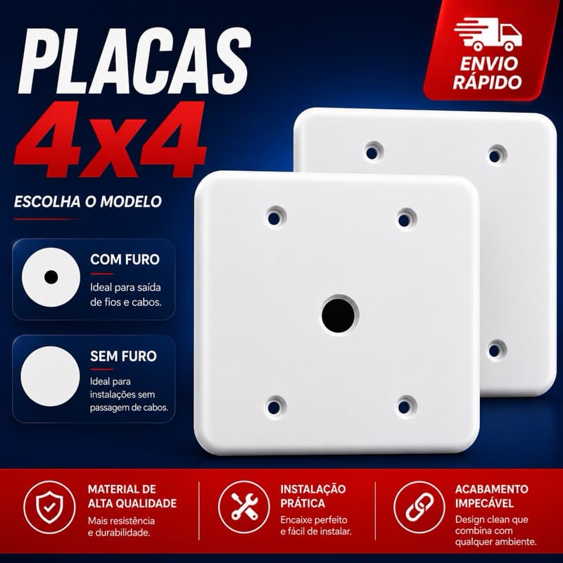 Placa Espelho Tampa 4x4 Cega ou Com Furo Saída de Fios (Escolha o Modelo) Pollar - Radial