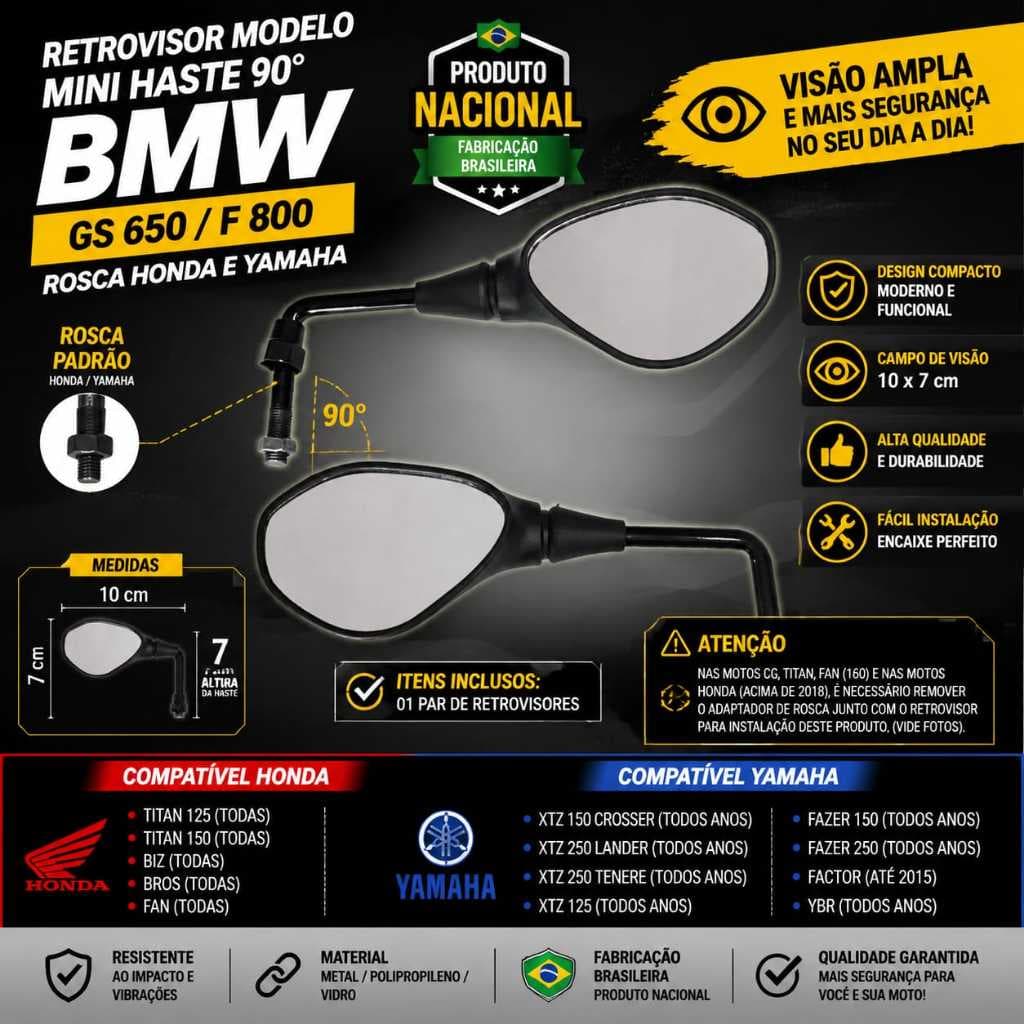 Retrovisor Moto Mod.Mini Bmw Rebaixado Haste 90°  Cg Titan Fan Fazer Factor Par