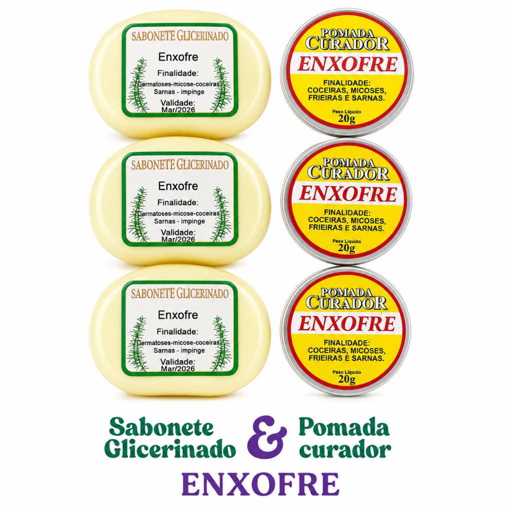 Kit 3 Pomadas e 3 Sabonetes Enxofre Glicerinado