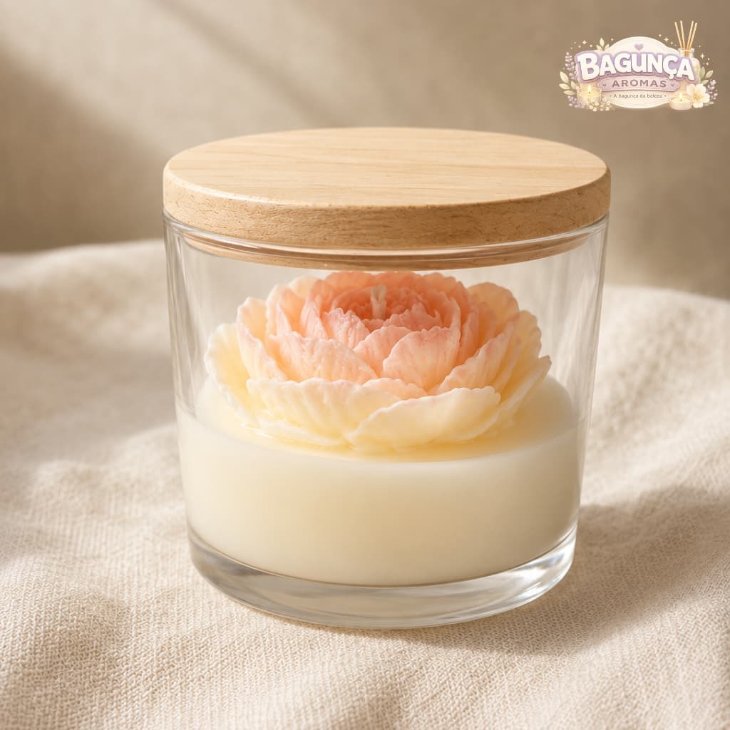 Vela Aromática Natural Decorativa Flor  no Pote de Vidro com Tampa de Madeira Luxo para Decoração e Presente