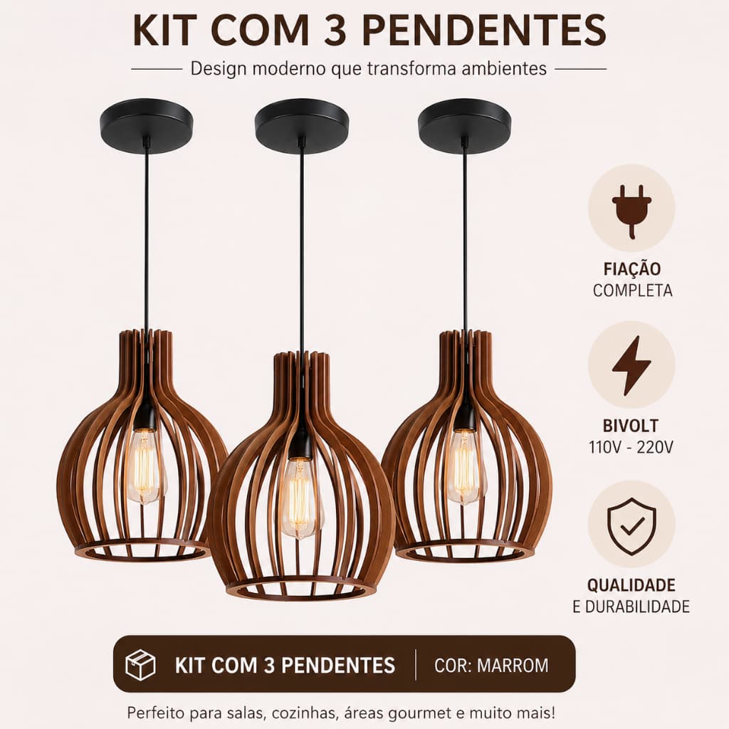3 Pendentes Luminarias De Teto De Madeira Cor Marrom com Fiação Completa - 3ppm