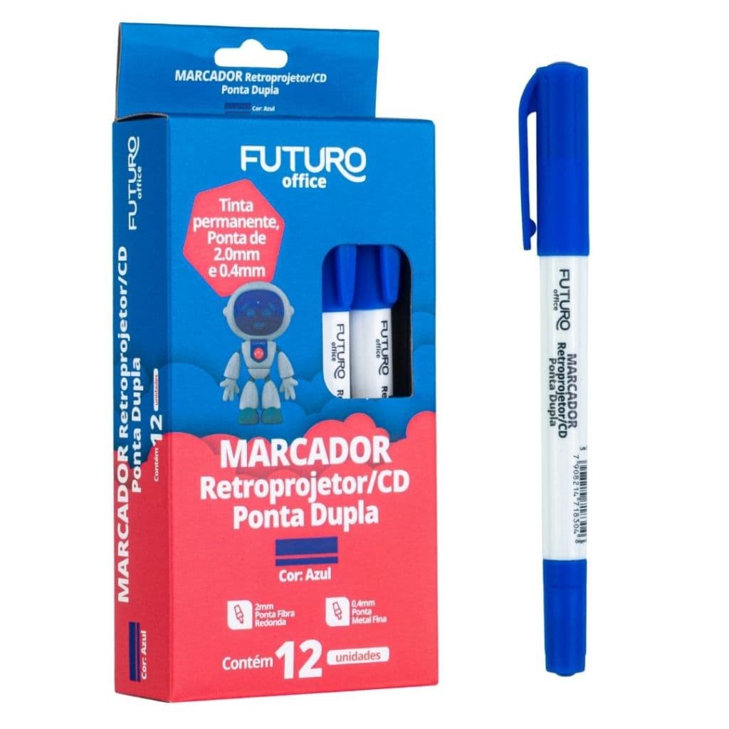 Kit 12 Caneta Marcador Permanente Ponta Dupla 2mm/0,4mm Retroprojetor CD DVD Secagem Rápida Variação Azul Preto