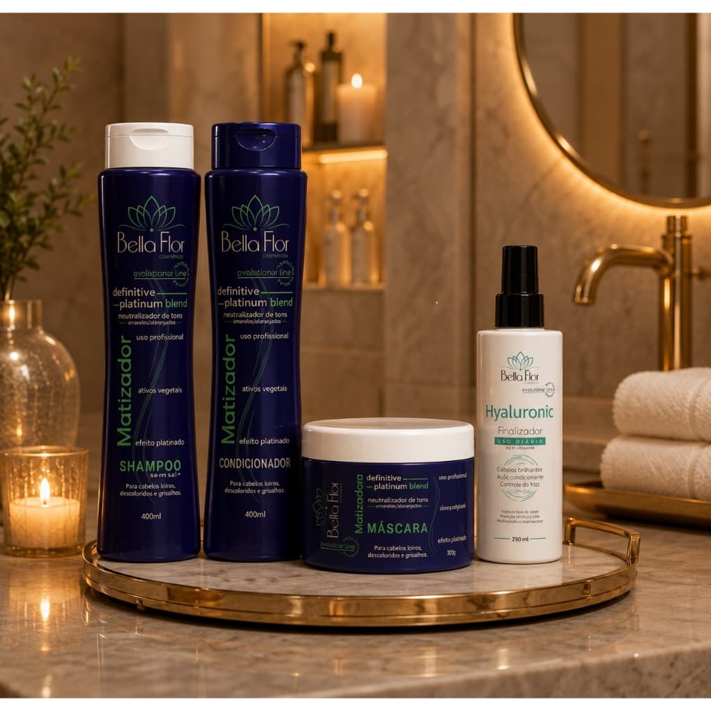 Kit Capilar Matizador 4 Produtos Shampoo Condicionador Máscara + Finalizador Hyaluronic Bella Flor Loiros Matização