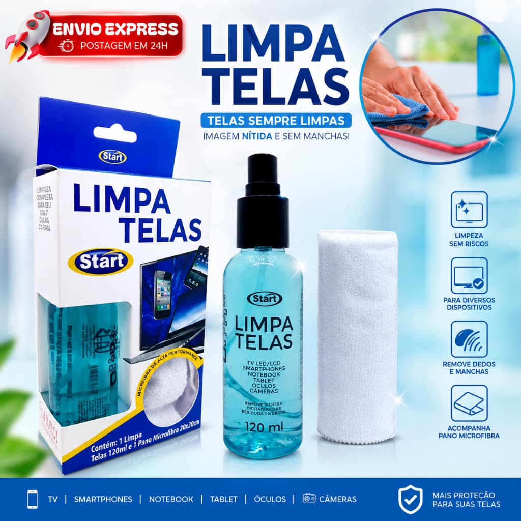 Limpa Tela 120ml + Pano Microfibra Start Removedor Sujeira Tela  Óculos Celular Tablet Camêra