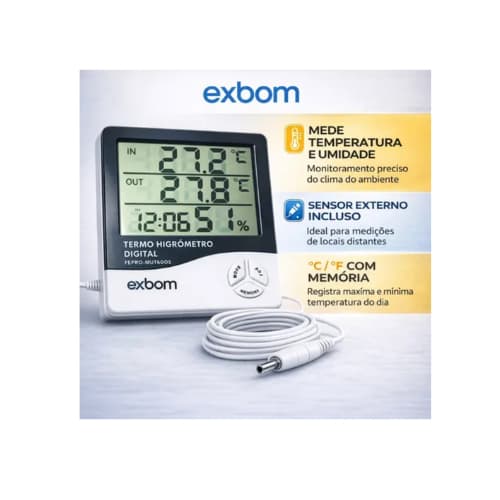 Termo-Higrômetro Digital Medidor de Umidade /Temperatura/Termômetro Parede C/ Sensor e Cabo Exbom
