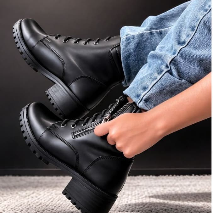 Bota Coturno Feminina Cano Médio–Confortável, Antiderrapante, Zíper Lateral Cadarço Moda
