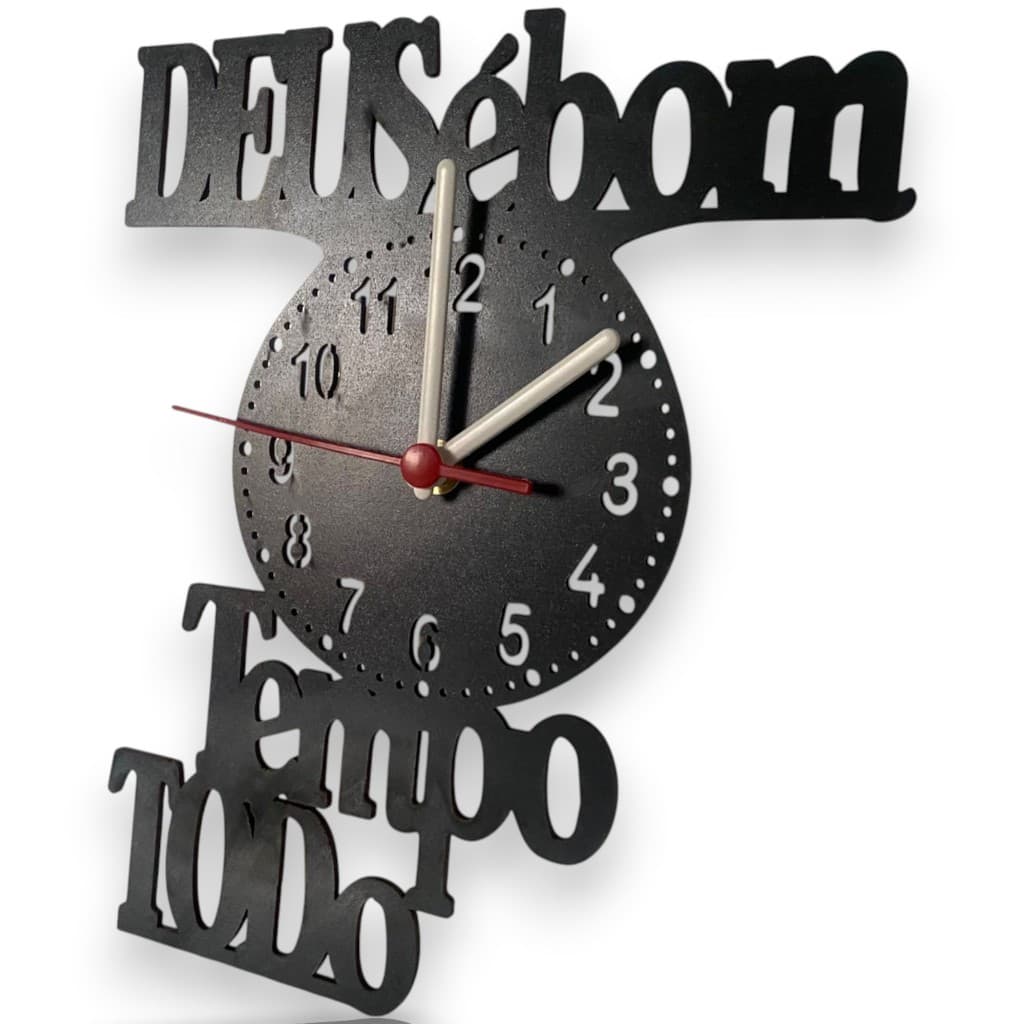 Relógio Decorativo em MDF Preto Premium Tema Deus é Bom o Tempo Todo com Pilha - 21x26cm
