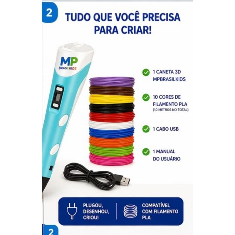 MONTE SEU KIT Caneta 3D + filamentos PLA 30m/60m/120m (ÍTENS SEPARADOS)