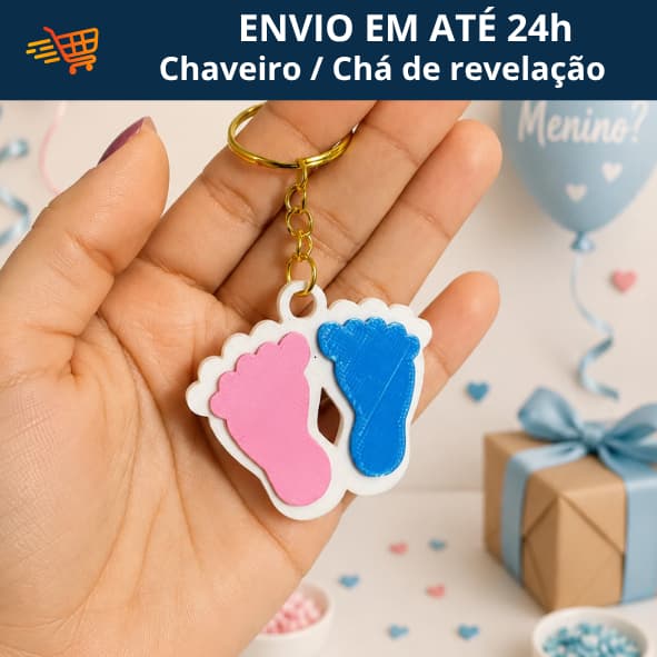 Chaveiro Chá Revelação Personalizado em 3D | Lembrancinha Fofa com Argola Dourada Menino ou Menina