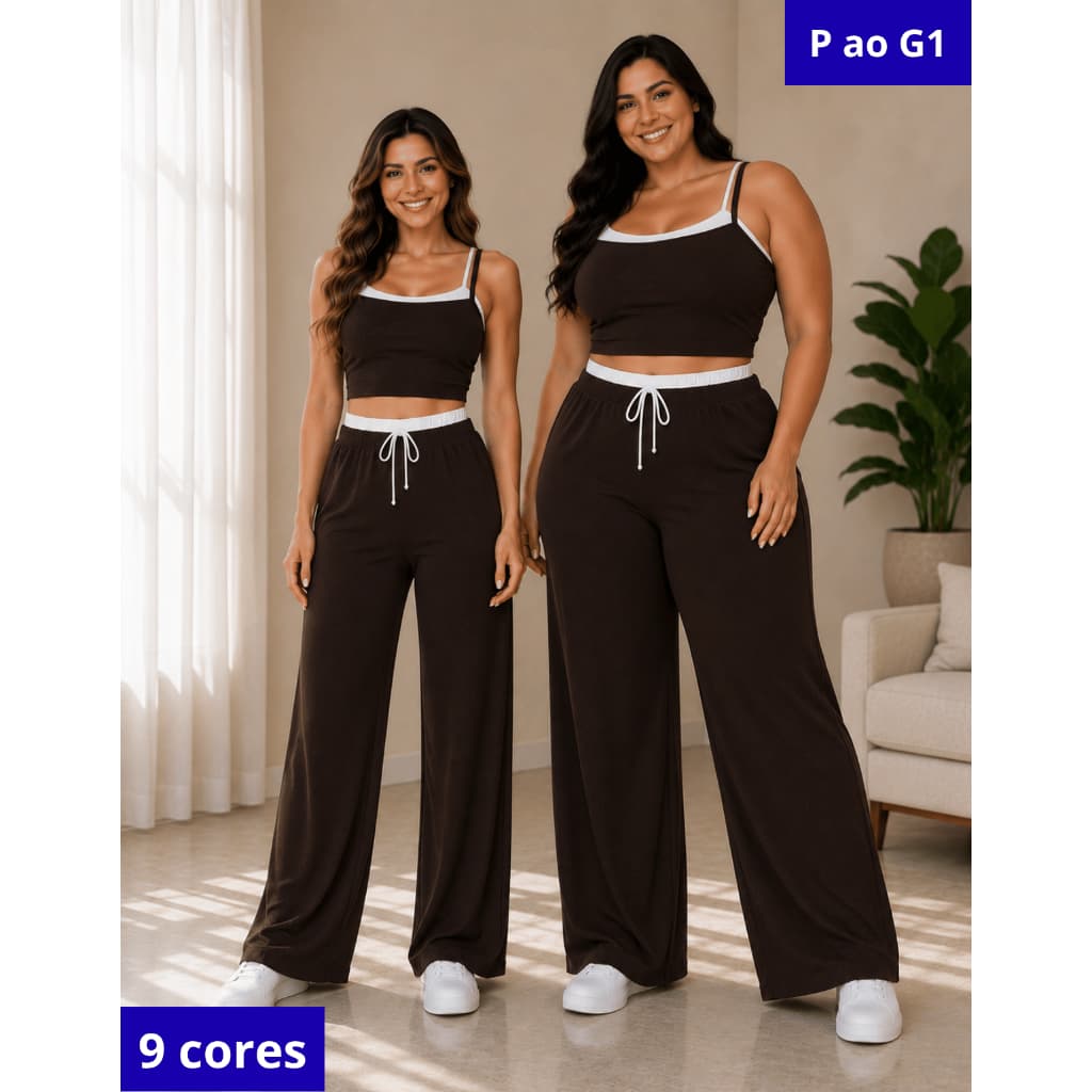 Conjunto Feminino Ribana Luxo Casual Calça Wide Leg e Cropped Tendência Fashion P ao G1