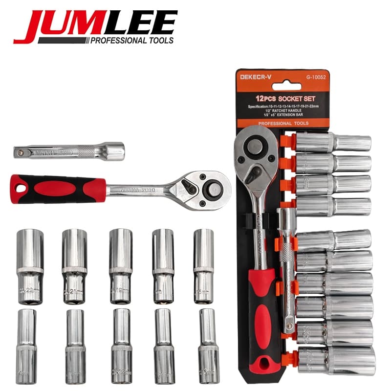 Kit Chave Catraca 1/2" 12 Peças Soquetes Longos 10-22mm