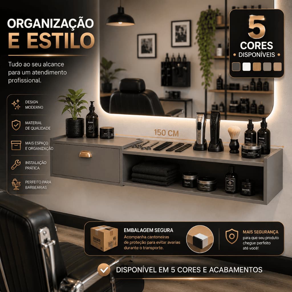 Bancada de Barbearia Suspensa Premium 150cm – Estilo Industrial com Passa-Fio Barber Shop