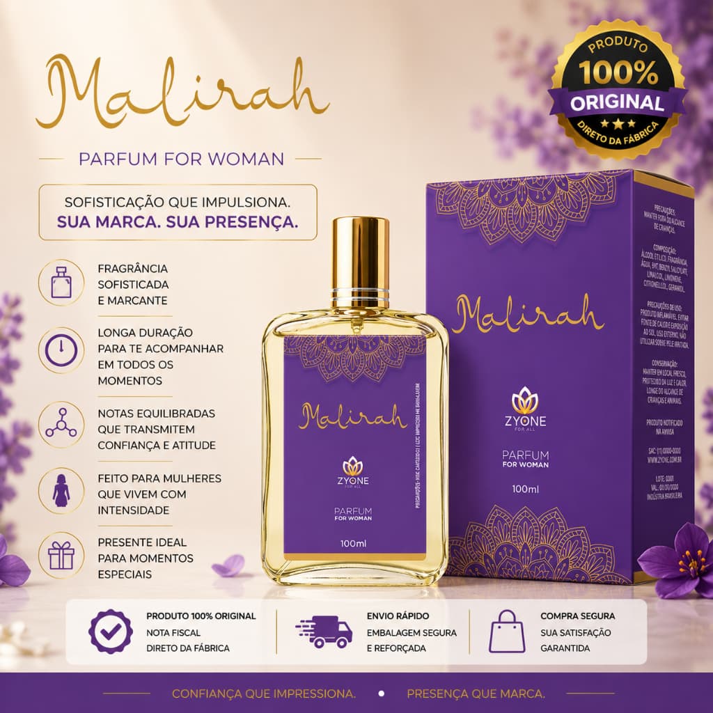 Perfume Malirah Feminino Arabe Zyone Alta Fixação 25% de Essência Importada Parfum Yara