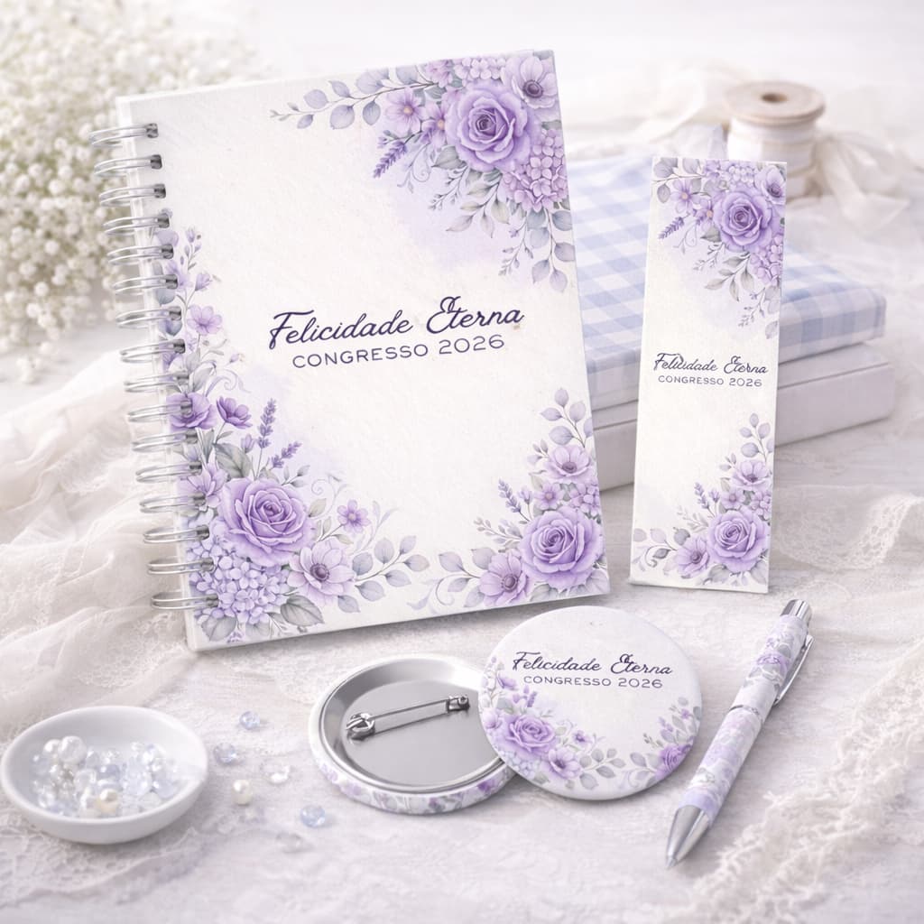 Caderno Personalizado Congresso JW "Felicidade Eterna" com brindes - coleção Floral Lilás