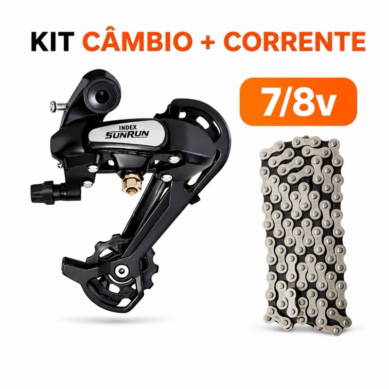 Cambio Traseiro Sunrun 7/8 Index Cage Longo + Corrente Fina Index 7/8V 116 Elos Modelo Shimano Bike