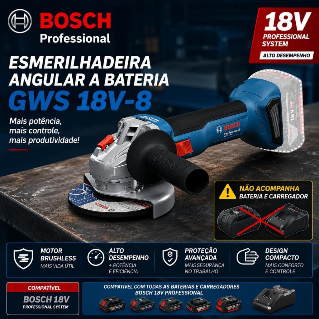 Esmerilhadeira a bateria Bosch 11000rpm GWS 18V-8