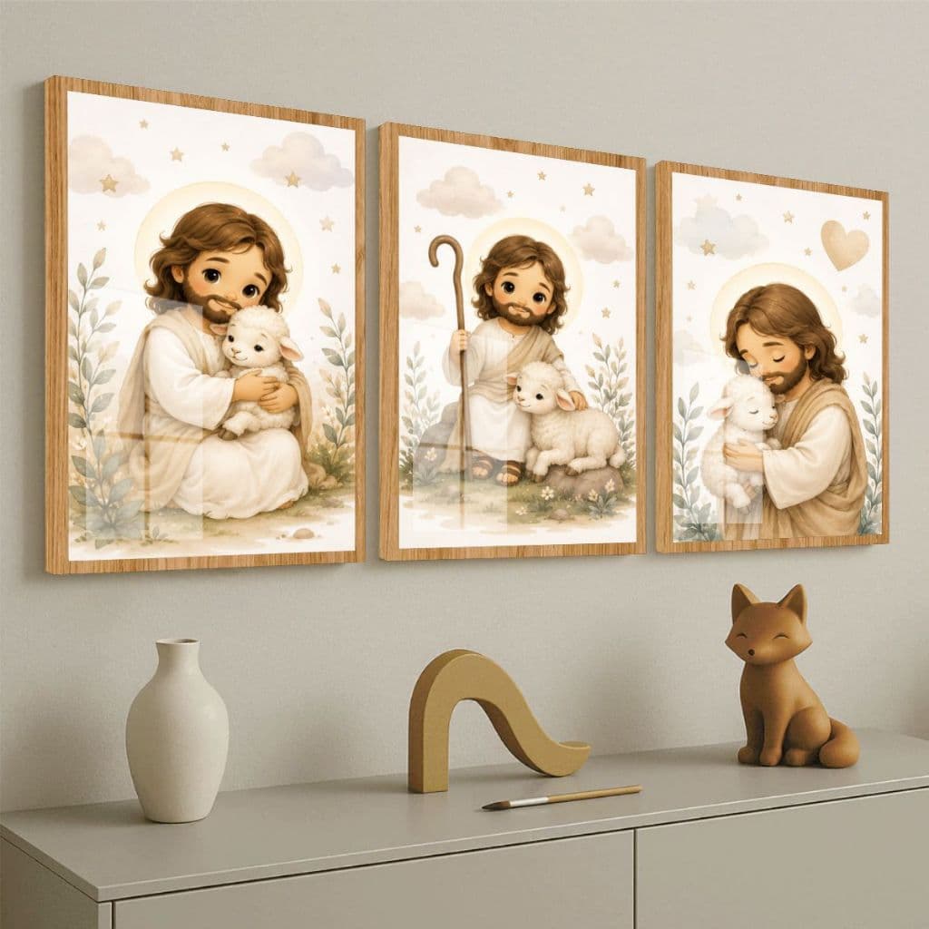 Kit Três Quadros Religiosos Infantis Jesus Bom Pastor Ovelhas Decoração Quarto Criança Delicados