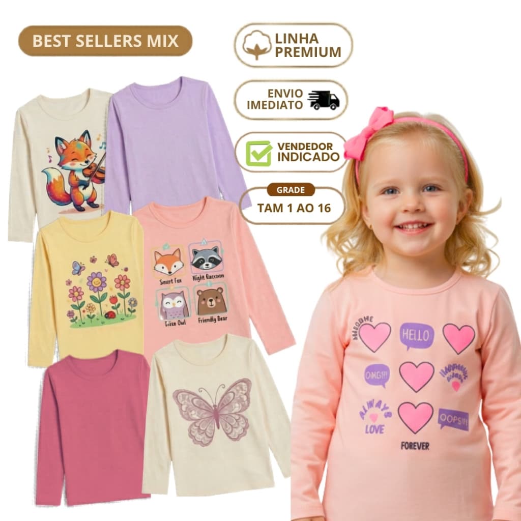 Kit 3 Camiseta de Frio Infantil Feminina Blusa Manga Longa Menina Algodão Roupas Infantis Inverno