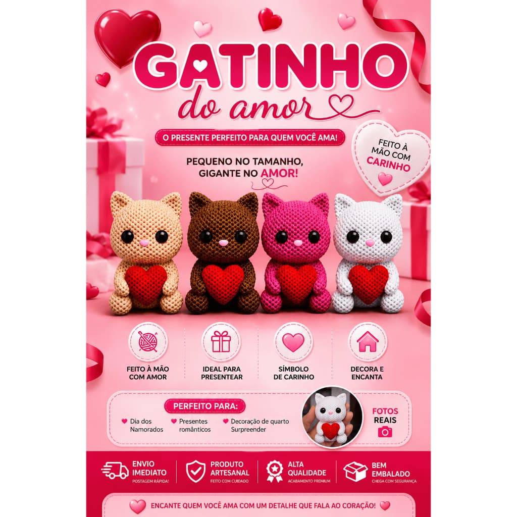 Enfeite Gatinho do Amor Decoração Dia dos Namorados Presente Romântico Artesanal Envio Imediato