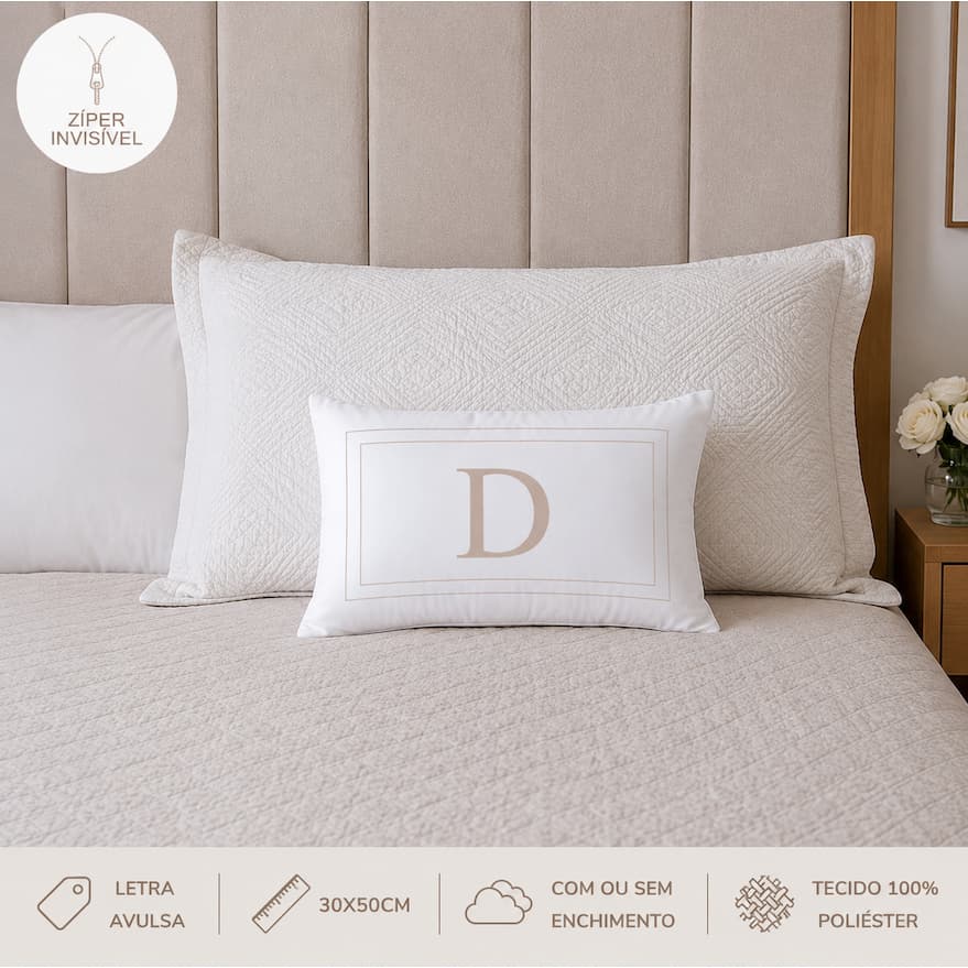Capa Para Almofada Avulsa Letra Inicial Alfabeto Personalizada Baguete Cama Posta Decorativa Branca 30x50cm