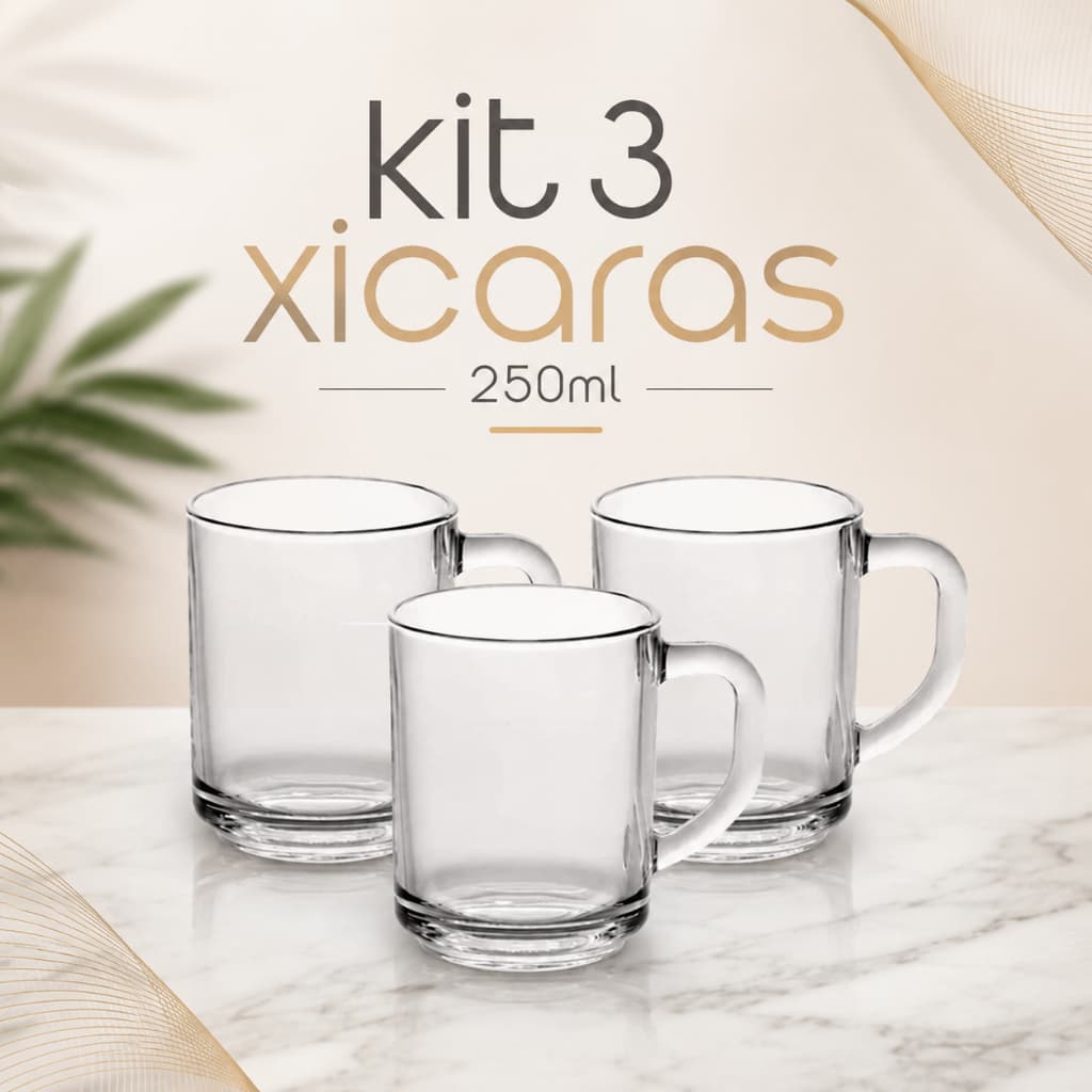 Jogo 3 Xícaras Em Vidro 250ml Kit Canecas Para Chá Café