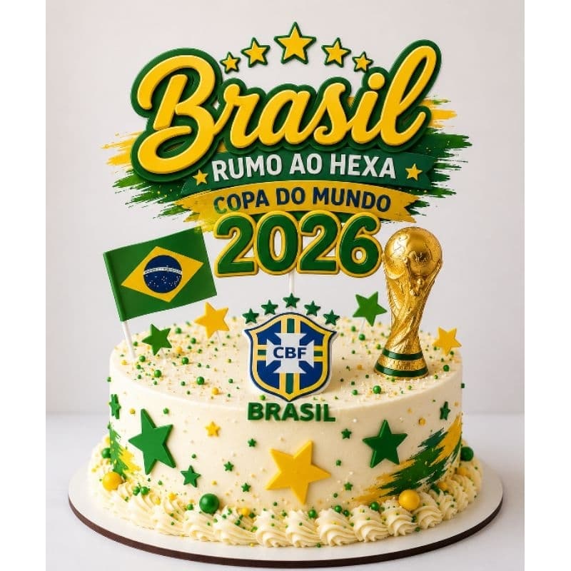Topo de Bolo Futebol Brasil Hexa 2026 | Bolo tema Futebol Personalizado com Nome e Idade Menino Menina Copa