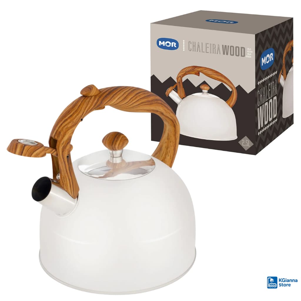 Chaleira Wood 2,5L Mor Bege Aço Inox Com Tampa Cabo Amadeirado Para Fogão Cozinha Café Chá Premium