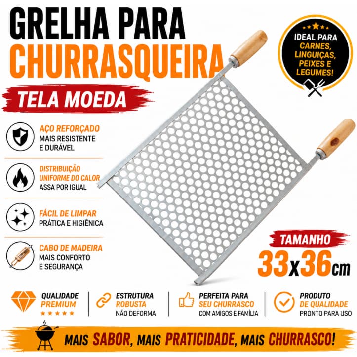Grelha Churrasqueira Aço Reforçado 33x36cm Tela Moeda Cabo Madeira