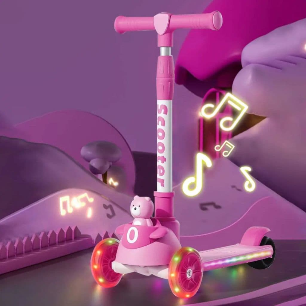 Patinete Infantil 3 Rodas Com Led E Musical Ursinho Altura Regulável Menino Menina