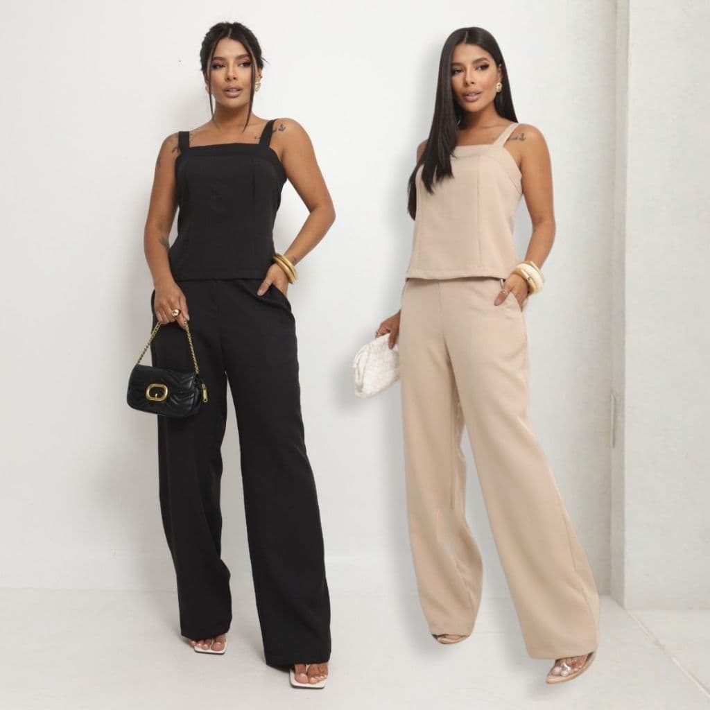 Kit 2 Conjuntos Feminino Alfaiataria Regata e Calça Pantalona Premium Casual Social Elegante