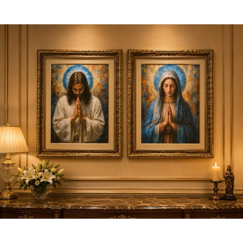 kit 2 Quadros - sagrado coração de Maria é sagrado coração de Jesus 40x50 cm - moldura dourada
