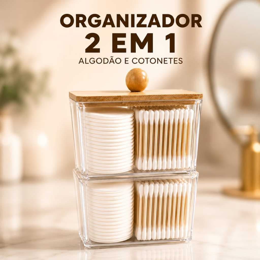 Organizador  Acrílico Transparente com Tampa de Bambu, Potes Algodão e Cotonete,Caixa Organizadora