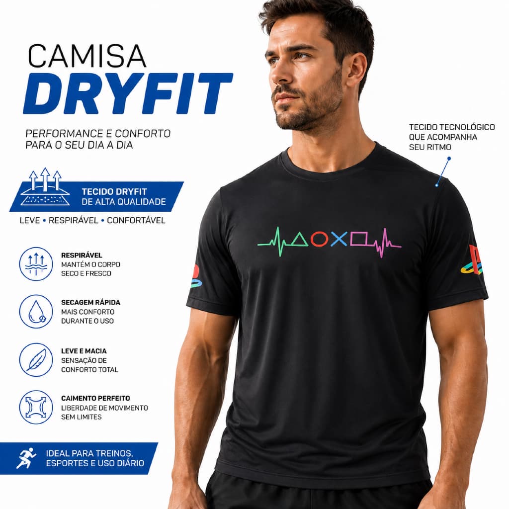 Camisa Dry Fit PlayStation Gamer Masculina Academia Treino Fitness Esportiva Respirável Preta ou Cinza