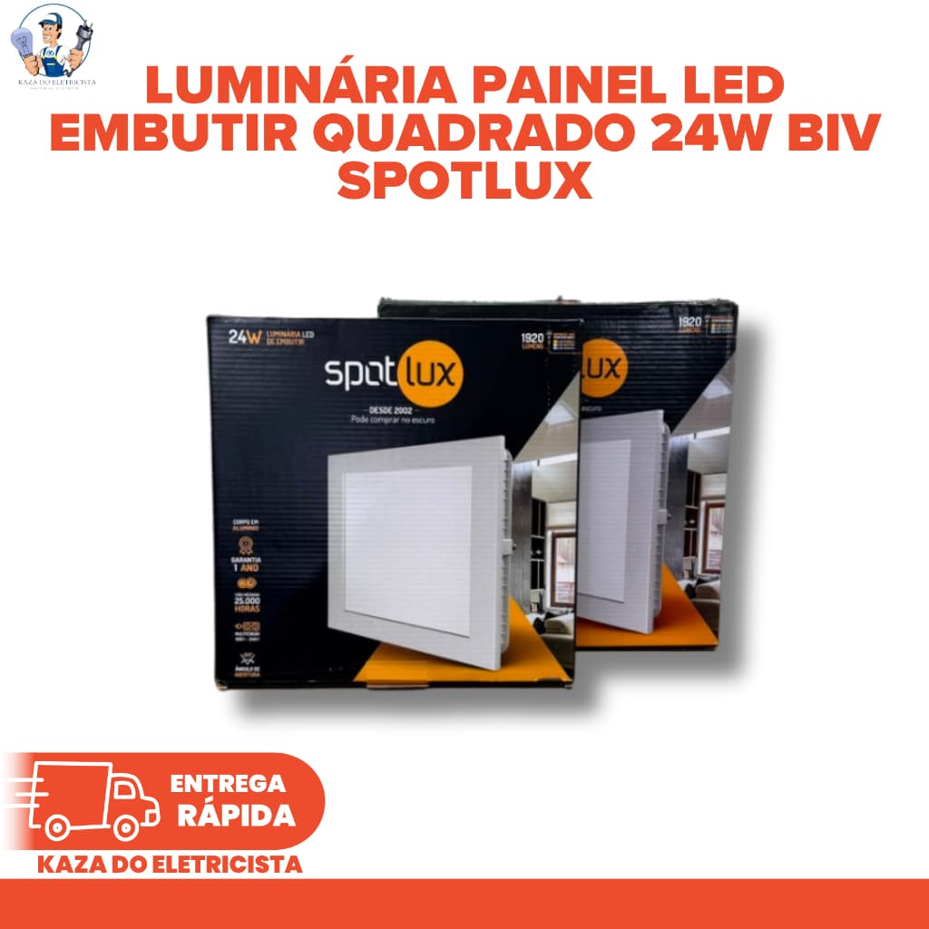 KIT C/5 Luminária Painel LED Embutir Quadrado 24W Bivolt 3000K / 6500K Spotlux