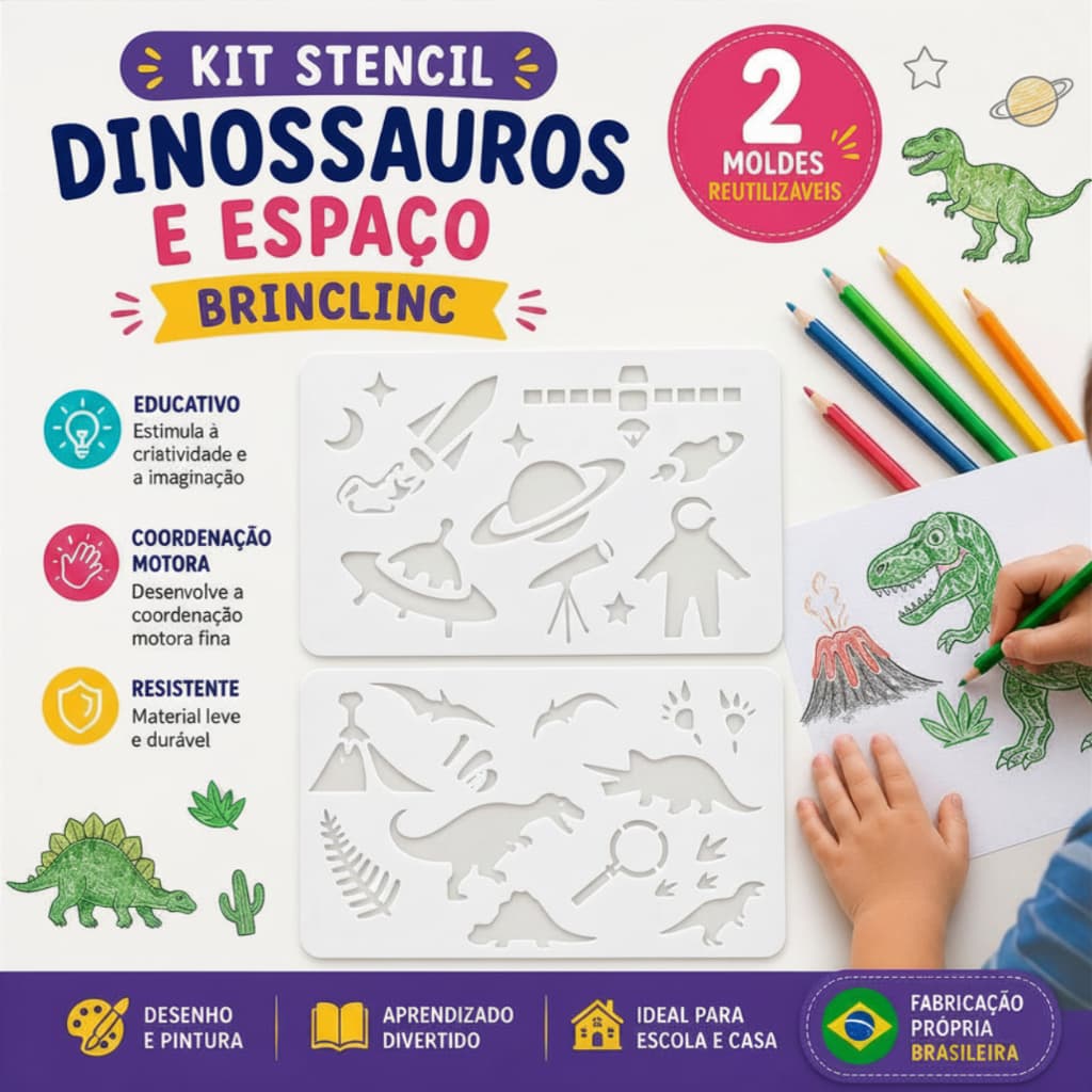 Kit 2 Stencil Infantil Educativo Brinclinc Dinossauro Espaço Desenho Pintura Reutilizável