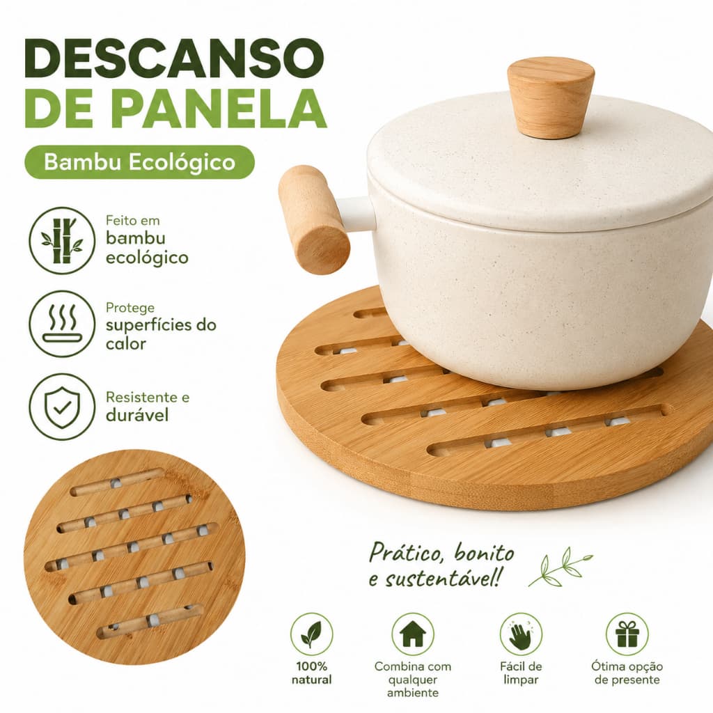 DESCANSO DE PANELA BIGOOHOME EM BAMBU - IDEAL PARA SUA COZINHA- REDONDO - IDEAL PARA SUA PANELA.