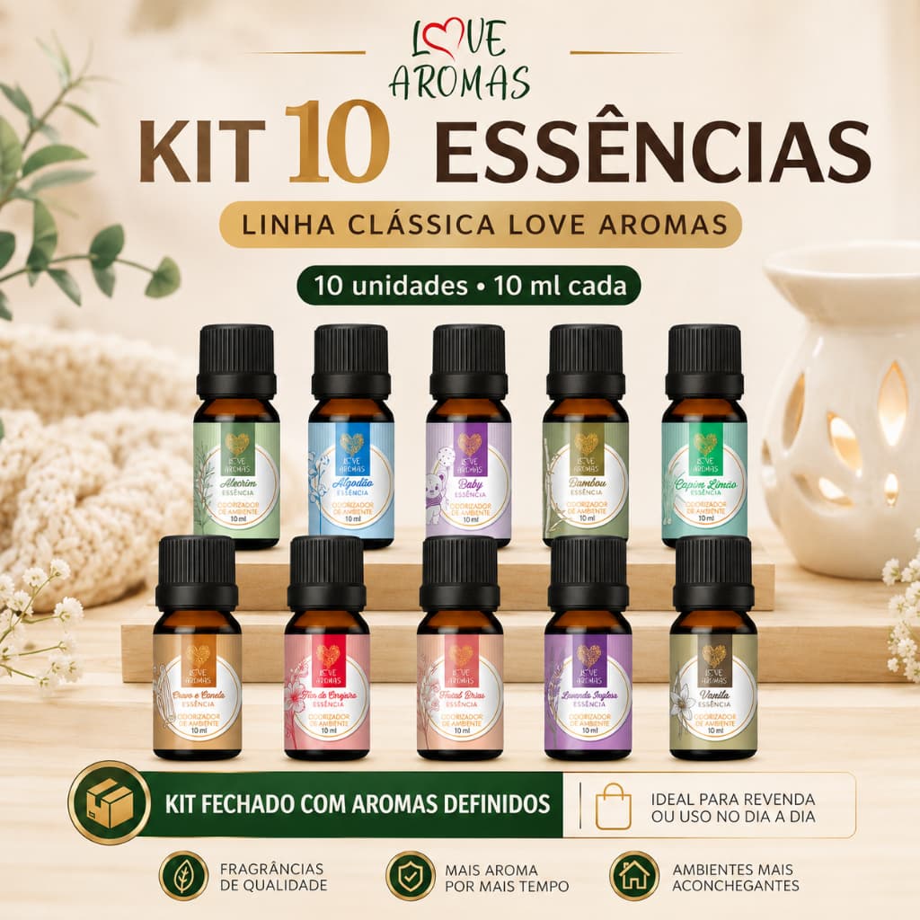 Kit 10 Essências Aromáticas 10ml Love Aromas Para Difusor Elétrico e Velas