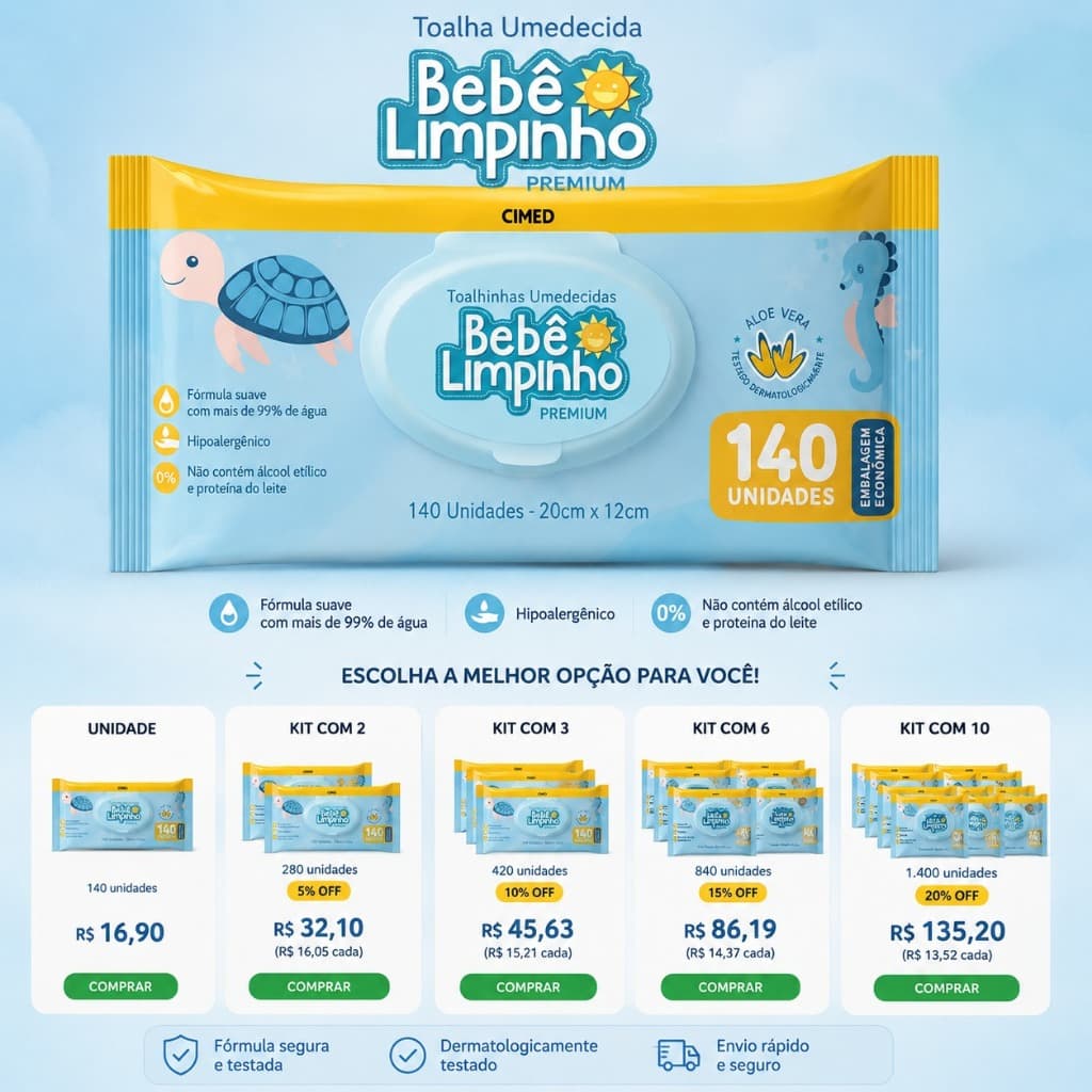 TOALHA UMEDECIDA BEBÊ LIMPINHO PREMIUM – 140 UNIDADES