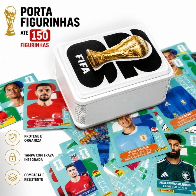 Porta Figurinhas Copa Caixa Organizadora Até 150 Figurinhas Com Tampa Trava Taça Colecionador