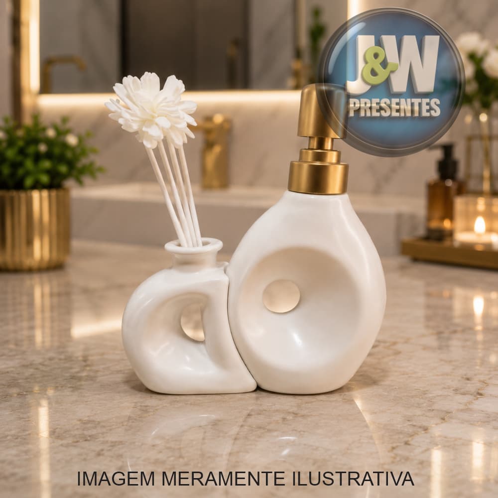 Kit Banheiro Lavabo Conjunto Saboneteira Difusor Porcelana 2 Peças - Modelo Orgânico Curvas Encaixe